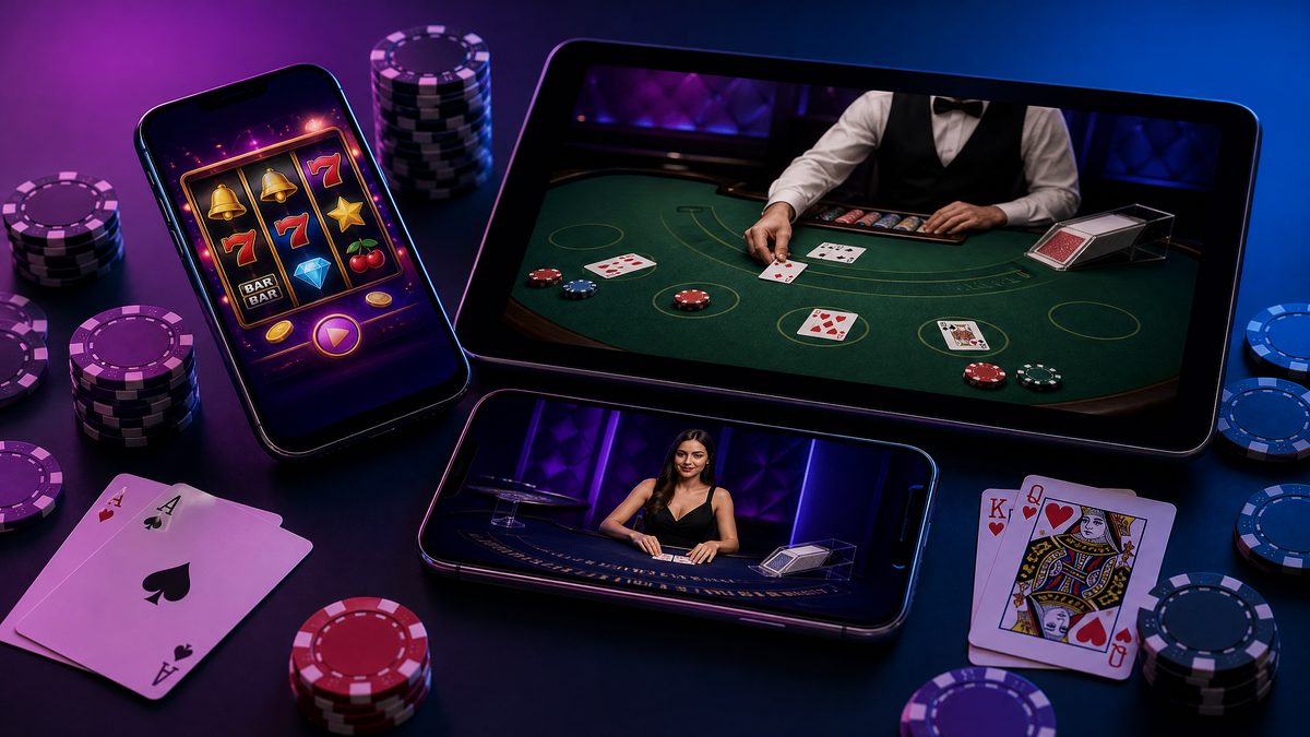 mobile devices showing casino games slots and live dealer